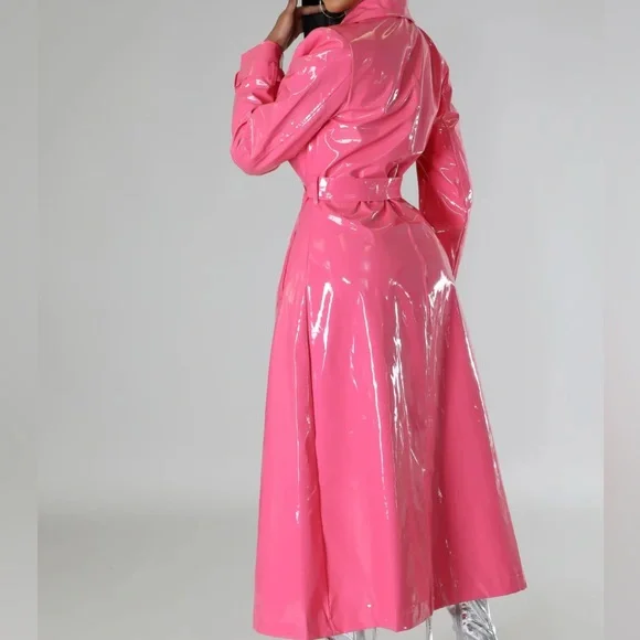 Pink Faux Leather Trench Coat - Picture 3 of 5